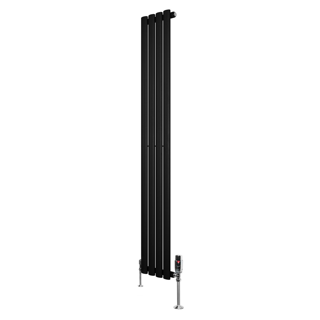 Ovale zwarte designradiator van 1600 mm x 240 mm met een haakse thermostaatkraan en een strakke, moderne uitstraling