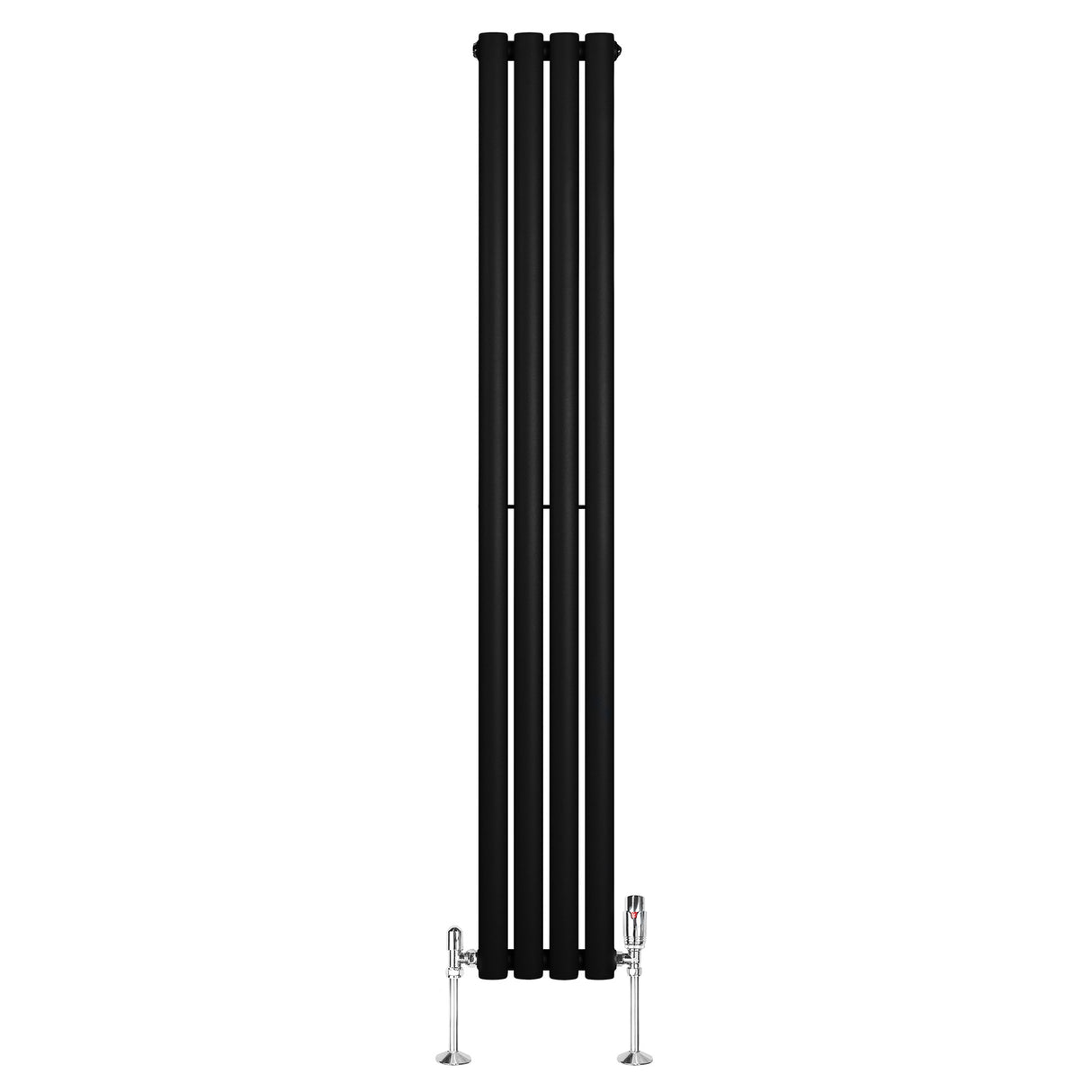 Ovale zwarte design radiator van 1600 mm x 240 mm met een moderne uitstraling en haakse thermostaatkraan aan de onderzijde