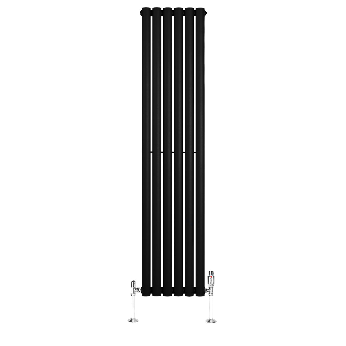 Ovale zwarte design radiator van 1600 mm x 360 mm met een kolom en haakse thermostaatkraan, strak en modern ontwerp