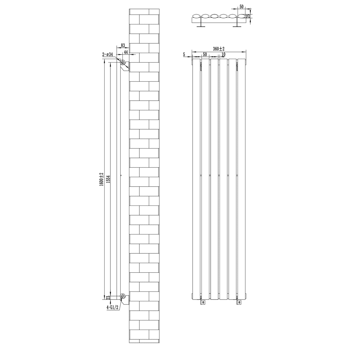 Ovale zwarte design radiator van 1600 mm x 360 mm met een haakse thermostaatkraan, strak en modern ontwerp met rechte lijnen