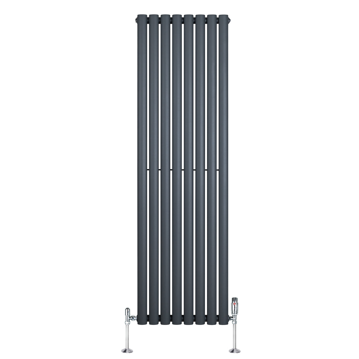 Ovale design radiator in antraciet grijs, 1 kolom, 1600 mm x 480 mm, met haakse thermostaatkraan en moderne, strakke lijnen