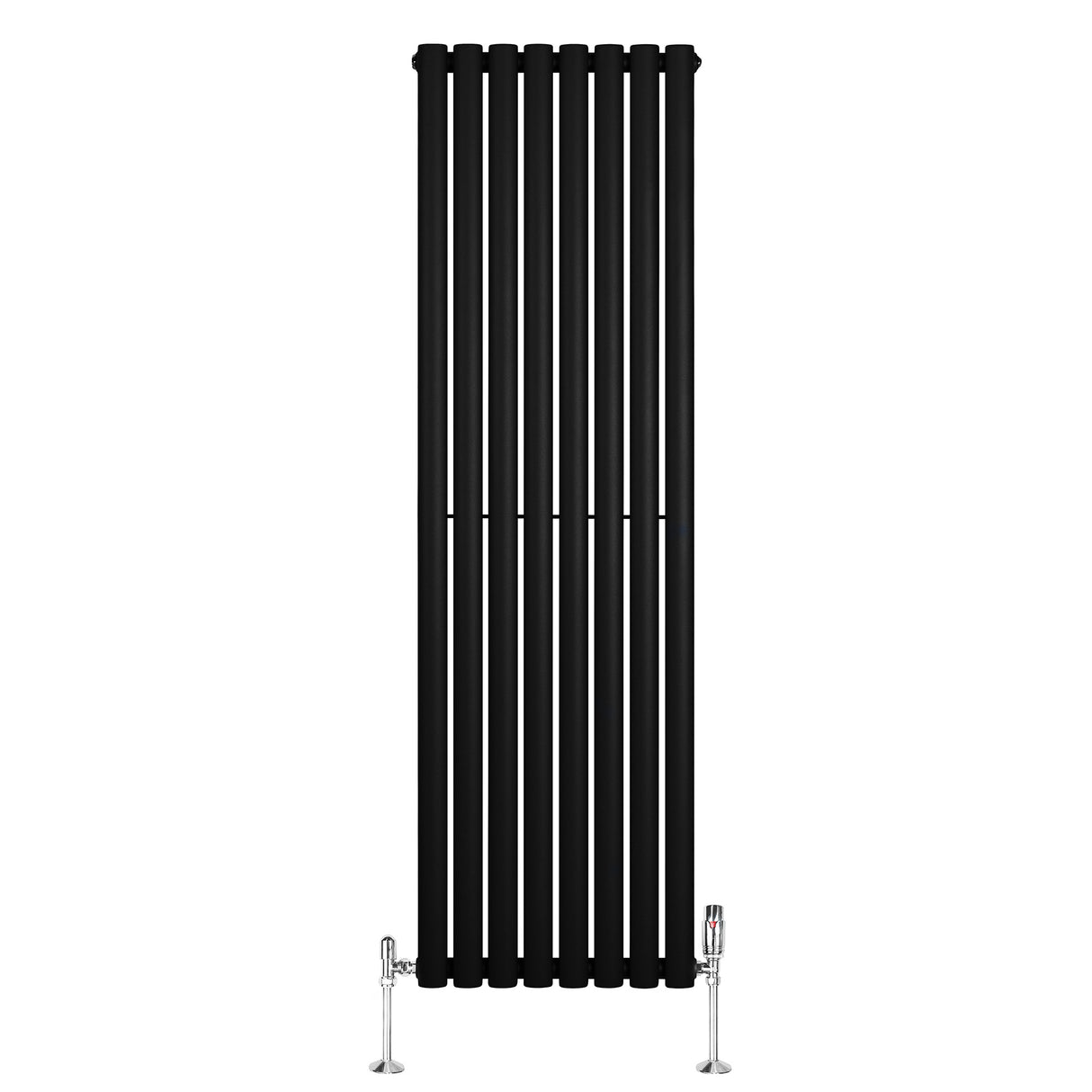 Ovale zwarte design radiator van 1600 mm x 480 mm met een moderne, strakke afwerking en haakse thermostaatkraan