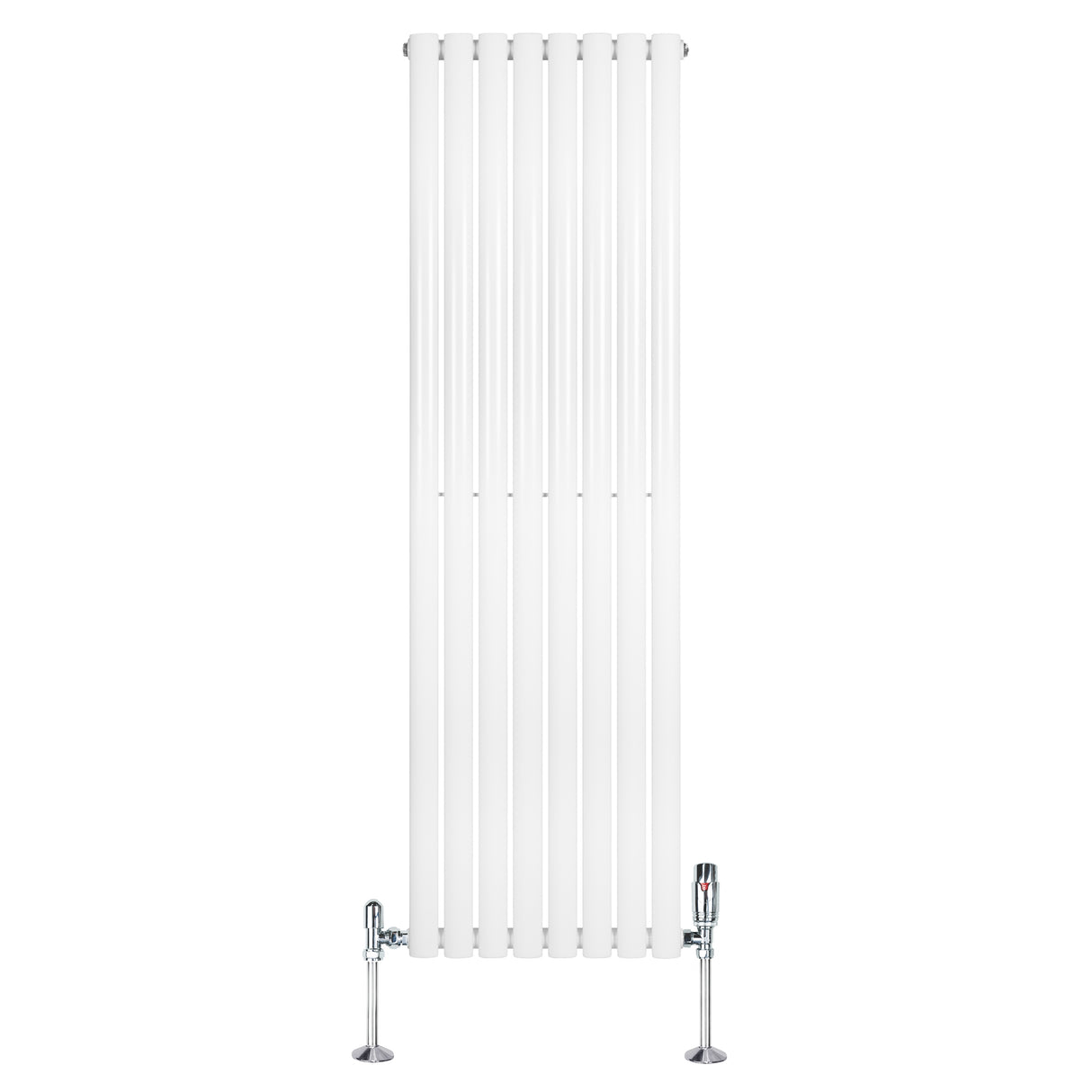 Ovale witte designradiator van 1600 mm x 480 mm met een kolom en haakse thermostaatkraan, strak en modern ontwerp