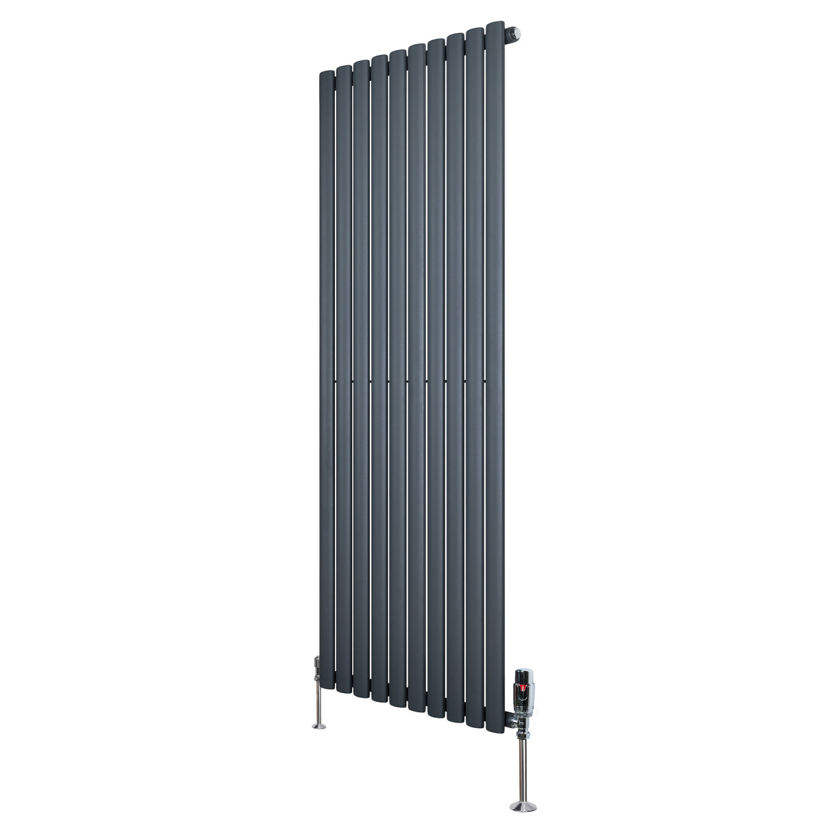 Ovale design radiator in antraciet grijs, 1 kolom, met haakse thermostaatkraan, modern en strak ontwerp, 1600 mm x 600 mm