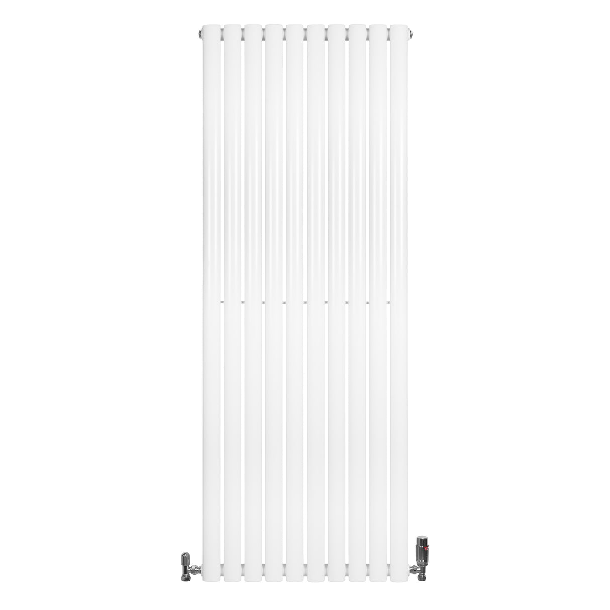 Ovale witte designradiator van 1600 mm x 600 mm met een gladde afwerking en haakse thermostaatkraan aan de onderzijde