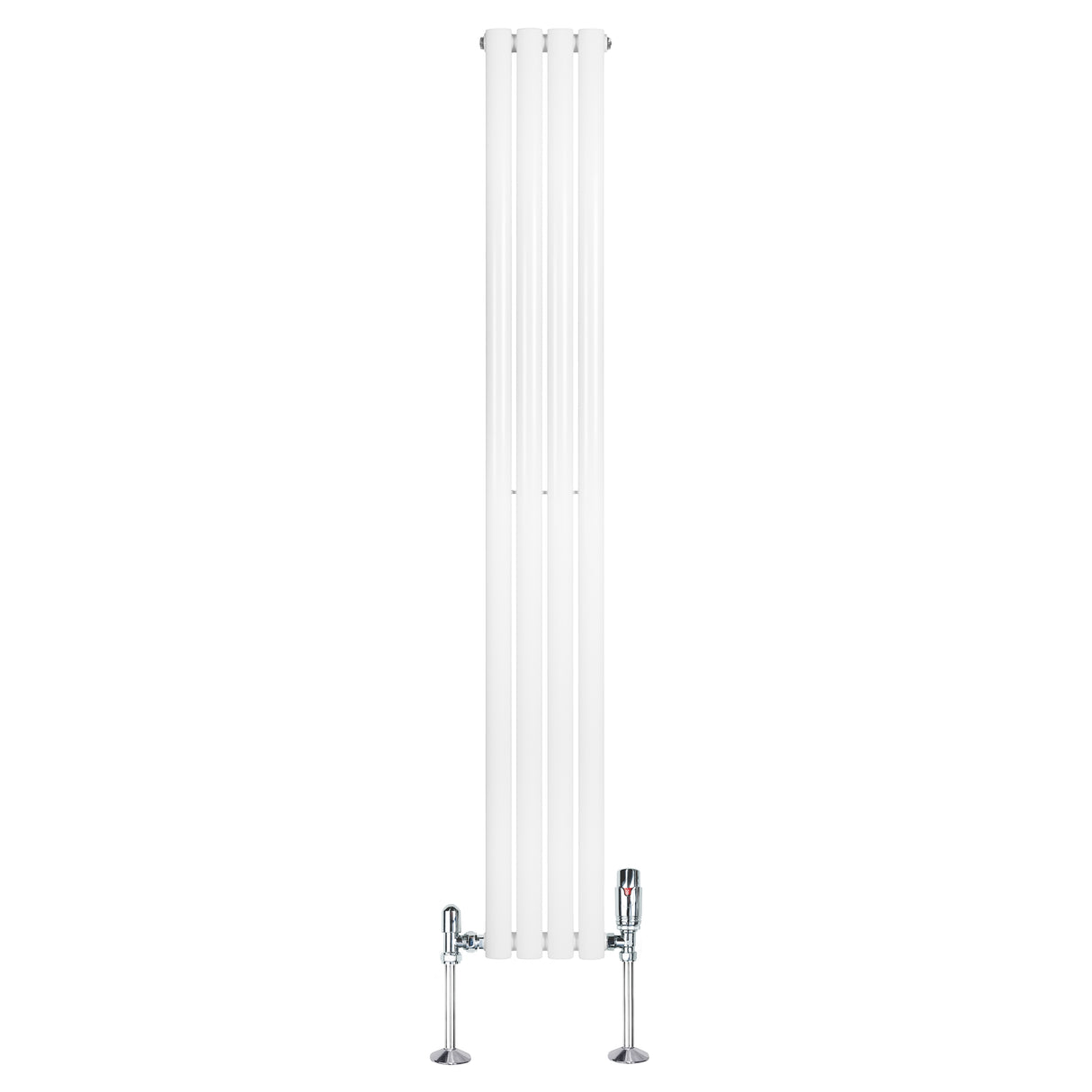 Ovale witte design radiator van 1800 mm x 240 mm met een haakse thermostaatkraan en een strakke, moderne uitstraling