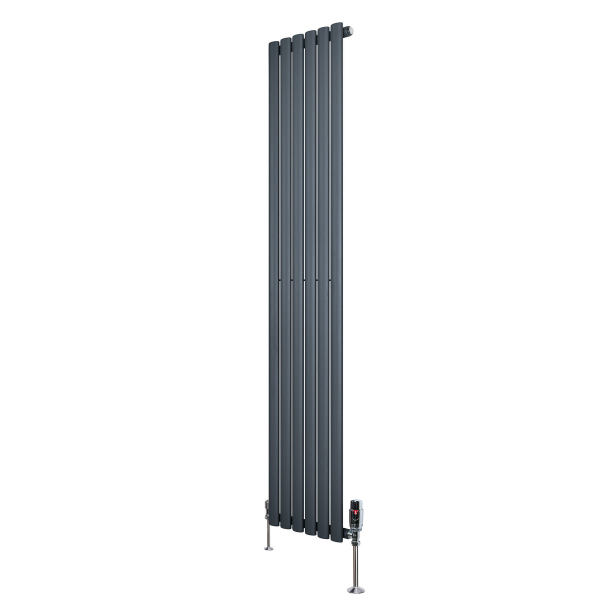 Ovale design radiator in antraciet grijs, 1 kolom, 1800 mm x 360 mm, met haakse thermostaatkraan en strakke lijnen