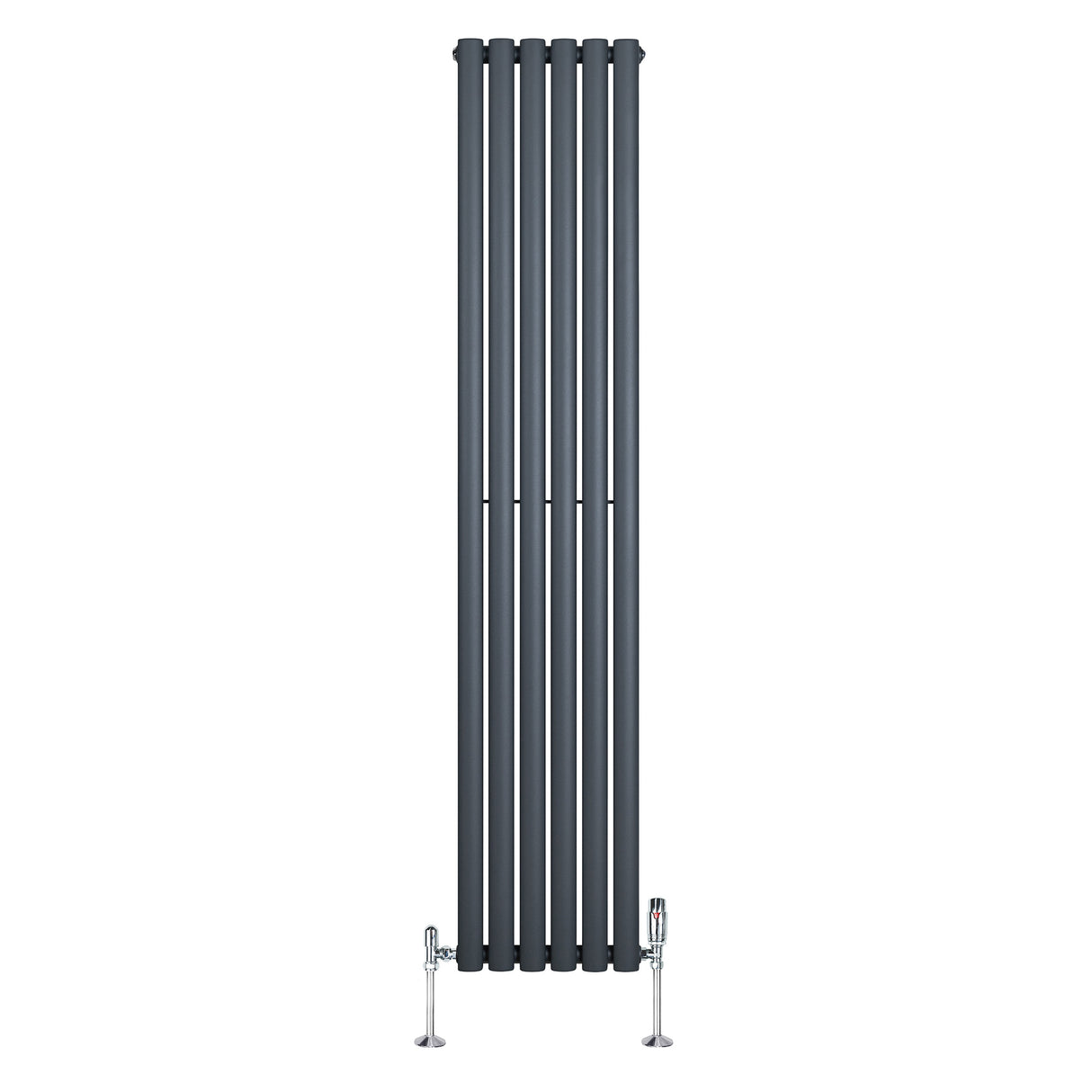 Ovale design radiator in antraciet grijs, 1800 mm x 360 mm, met een moderne, strakke uitstraling en haakse thermostaatkraan