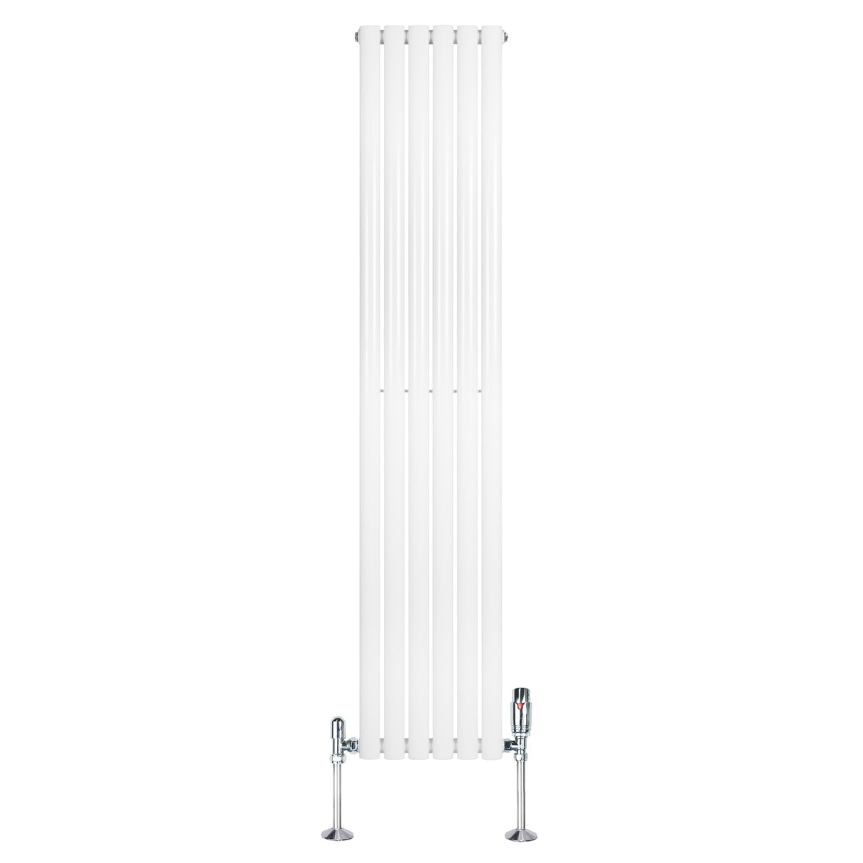 Ovale design radiator in wit met één kolom, 1800 mm x 360 mm, inclusief haakse thermostaatkraan en glanzende afwerking