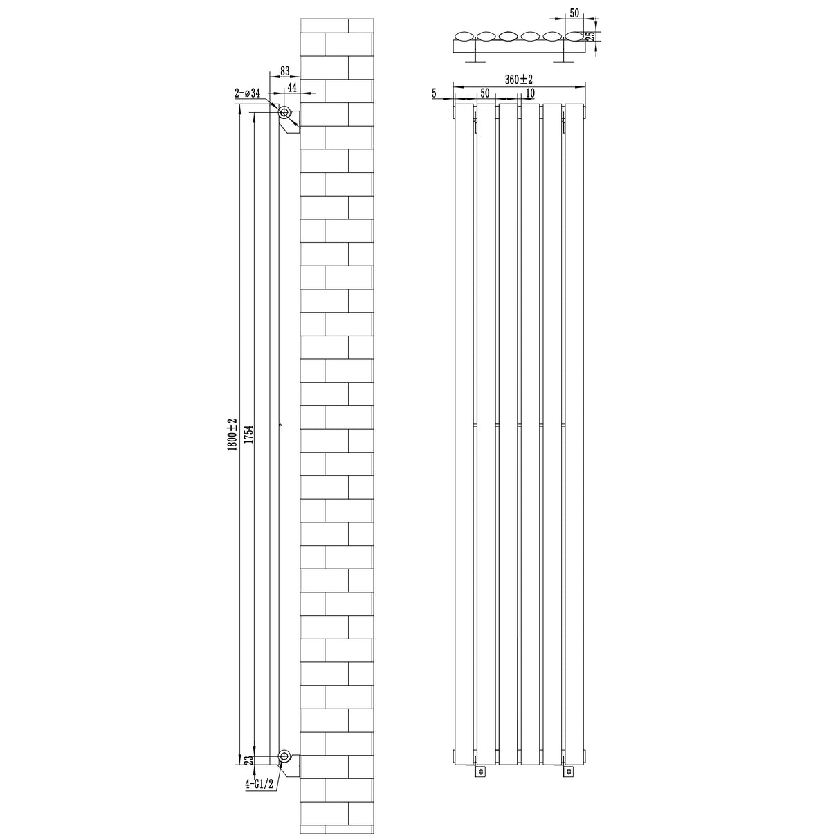 Ovale design radiator in wit, 1800 mm x 360 mm, met een haakse thermostaatkraan en een moderne, strakke uitstraling