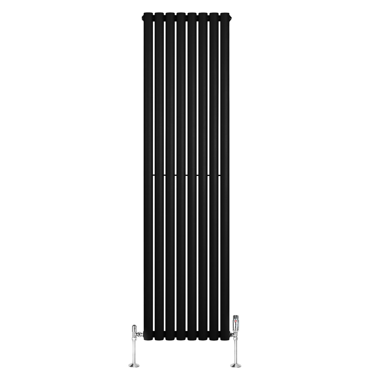 Ovale zwarte design radiator van 1800 mm x 480 mm met een moderne, strakke afwerking en haakse thermostaatkraan