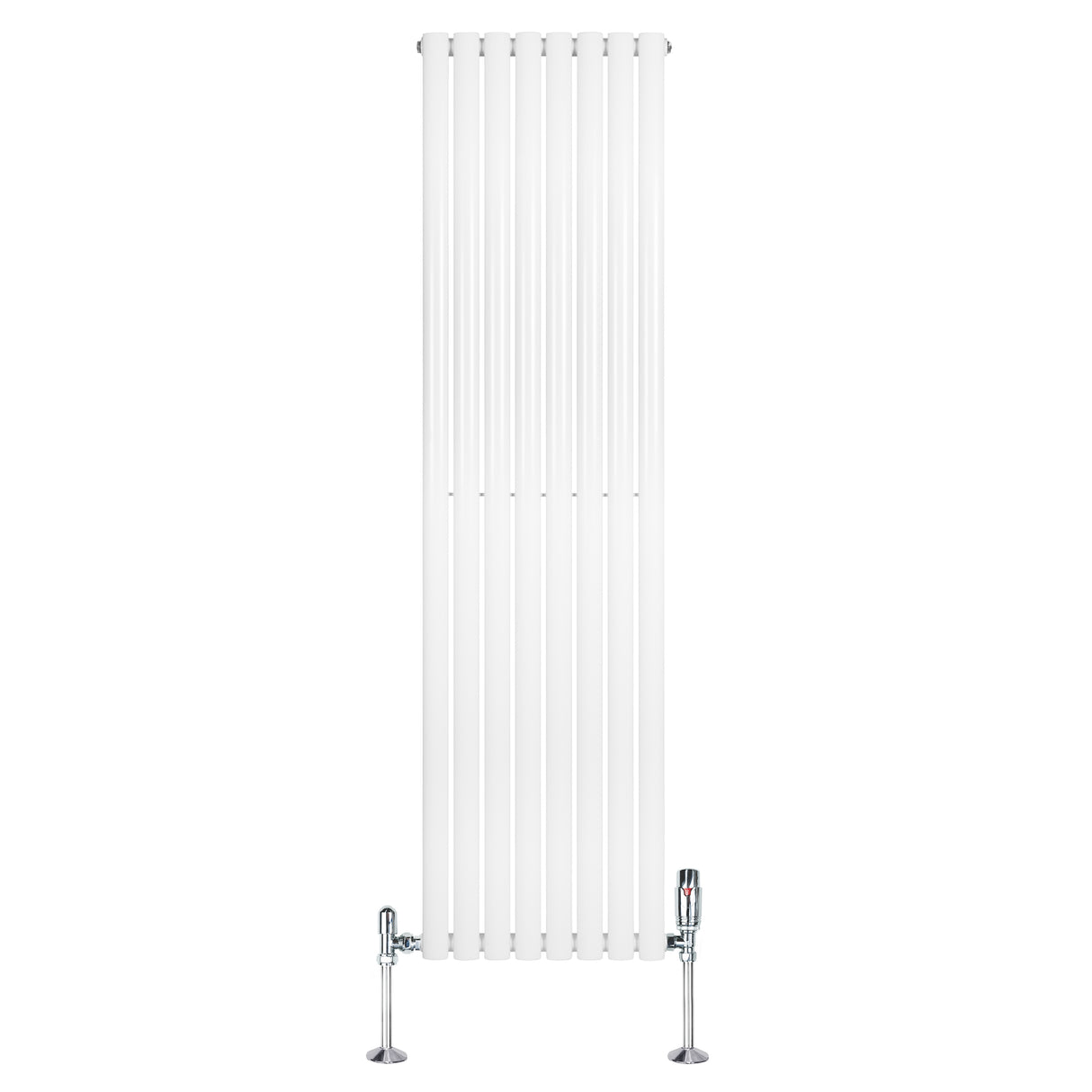 Ovale witte design radiator van 1800 mm x 480 mm met een moderne, strakke uitstraling en een haakse thermostaatkraan