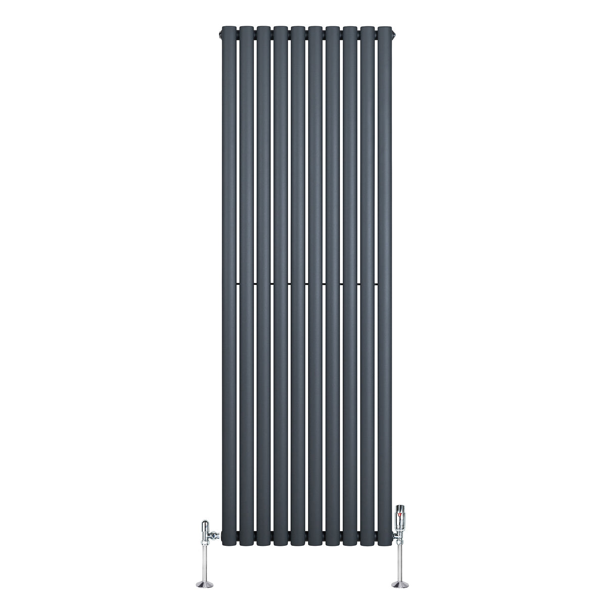 Ovale design radiator in antraciet grijs, 1800 mm x 600 mm, met een moderne, slanke vorm en een haakse thermostaatkraan