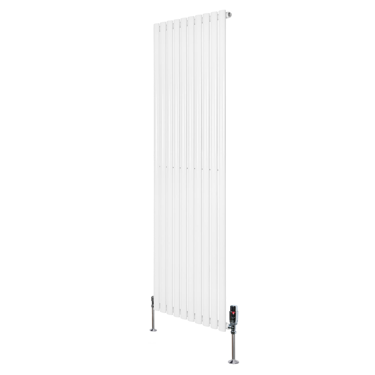 Ovale design radiator in wit, 1800 mm x 600 mm, met een moderne, strakke uitstraling en een haakse thermostaatkraan