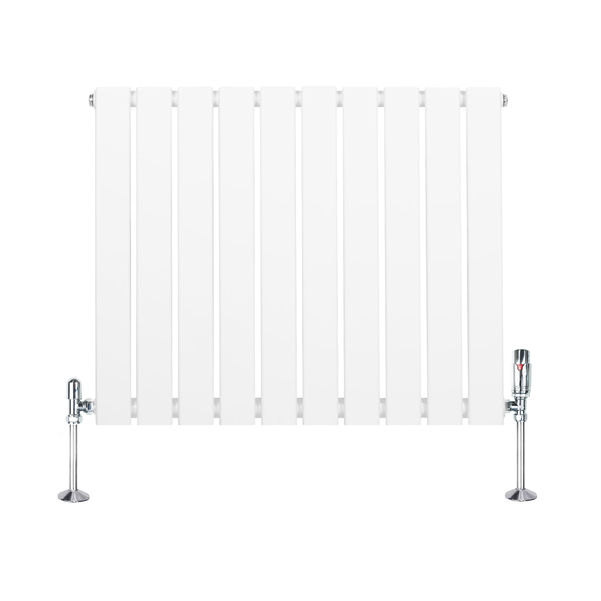 Witte design radiator met vlakke panelen, 1 kolom, 600 x 700mm, inclusief haakse thermostaatkraan en glanzende voetsteunen