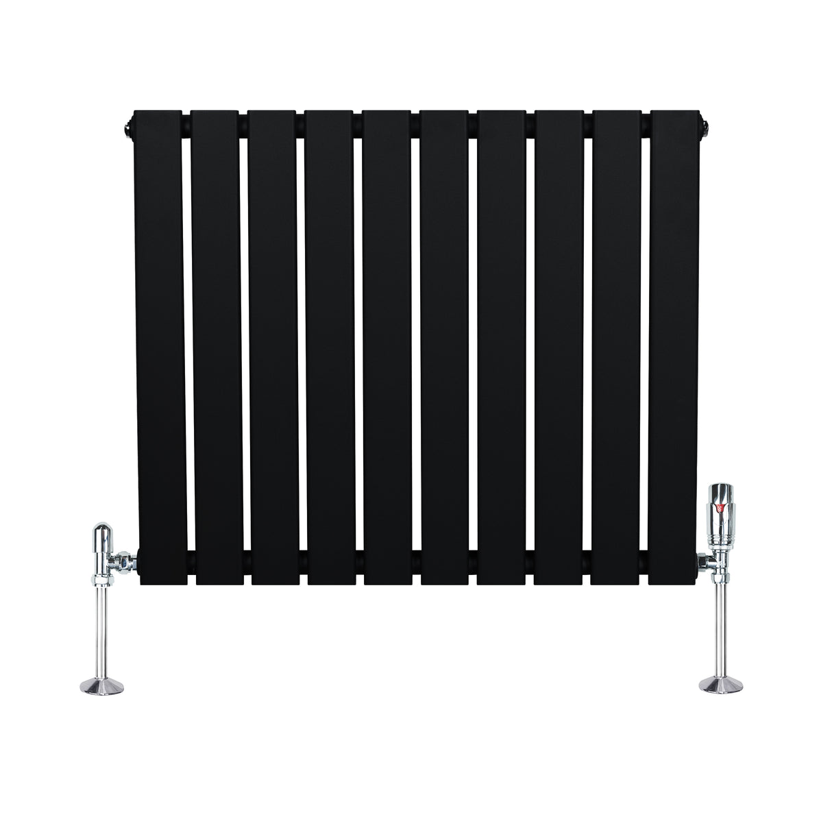 Zwarte design radiator met vlakke panelen, 1 kolom, 600 x 700mm, inclusief haakse thermostaatkraan en glanzende voetsteunen
