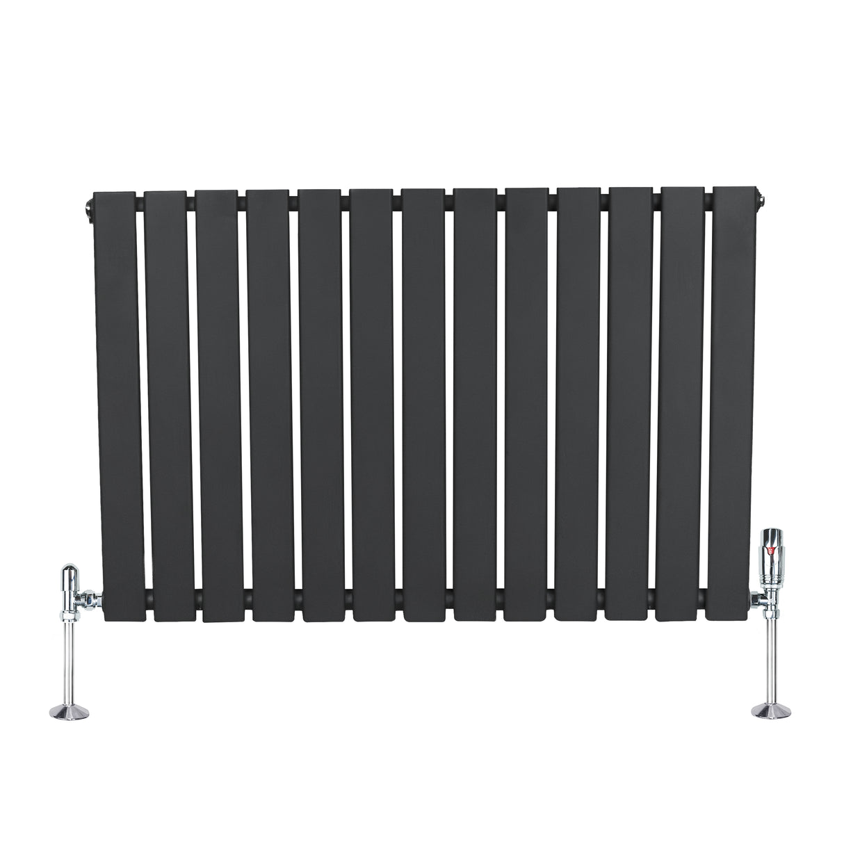 Vlakke panelen design radiator in antraciet grijs, 1 kolom, 600 x 910mm, met glanzende haakse thermostaatkraan aan de zijkant