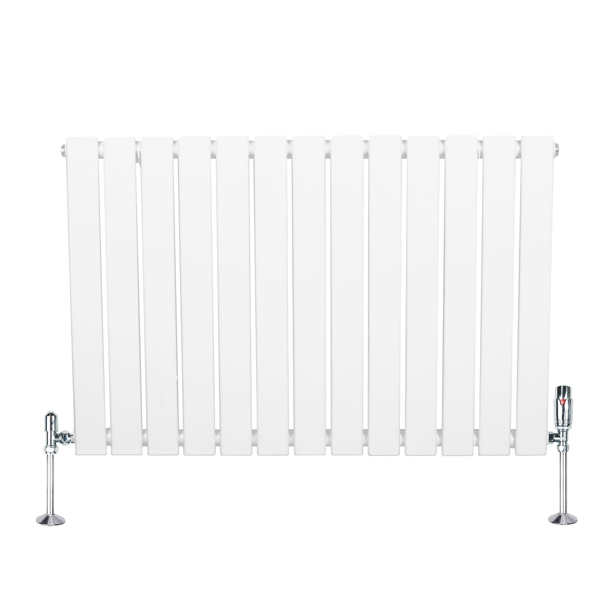 Witte design radiator met vlakke panelen, 1 kolom, 600 x 910mm, inclusief haakse thermostaatkraan en glanzende voetsteunen