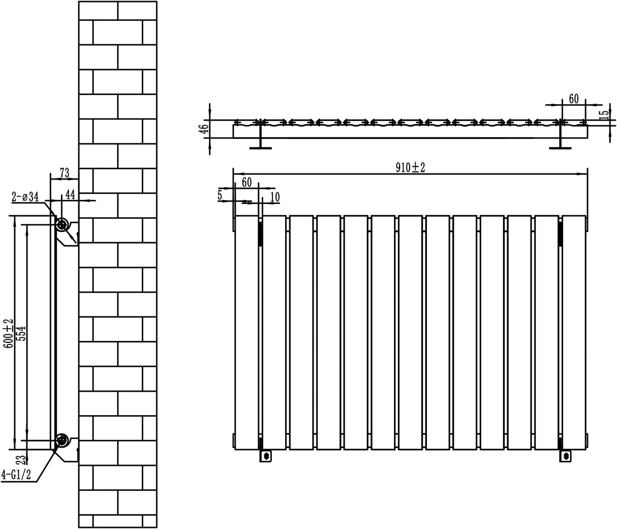 Witte design radiator met vlakke panelen, 1 kolom, afmetingen 600 x 910mm, inclusief haakse thermostaatkraan en wandbevestiging