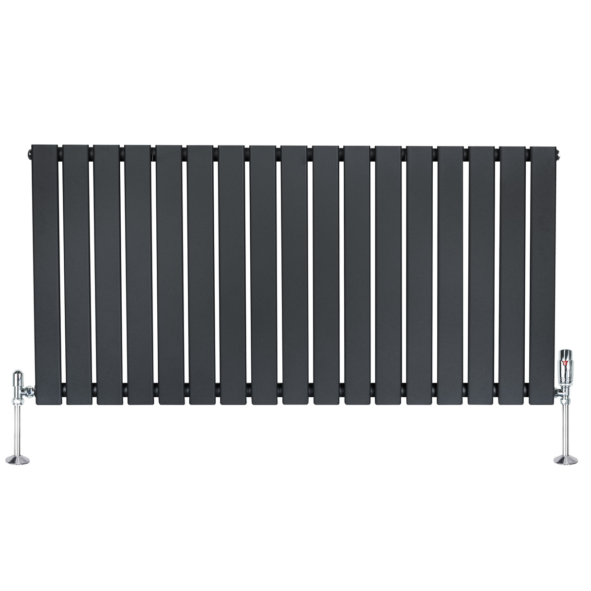 Vlakke design radiator met antraciet grijze panelen, 1 kolom, 600 x 1190mm, inclusief haakse thermostaatkraan en glanzende voetsteunen