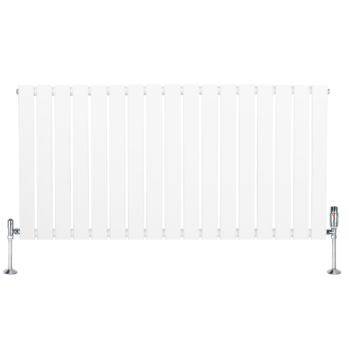 Witte design radiator met vlakke panelen, 1 kolom, 600 x 1190mm, inclusief haakse thermostaatkraan en glanzende voetsteunen