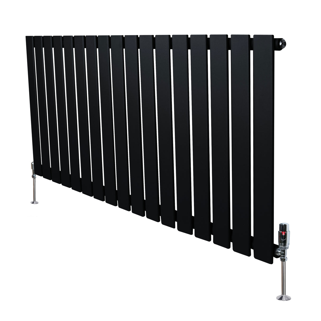 Zwarte designradiator met vlakke panelen, 1 kolom, 600 x 1190 mm, inclusief haakse thermostaatkraan en stevige voetsteunen