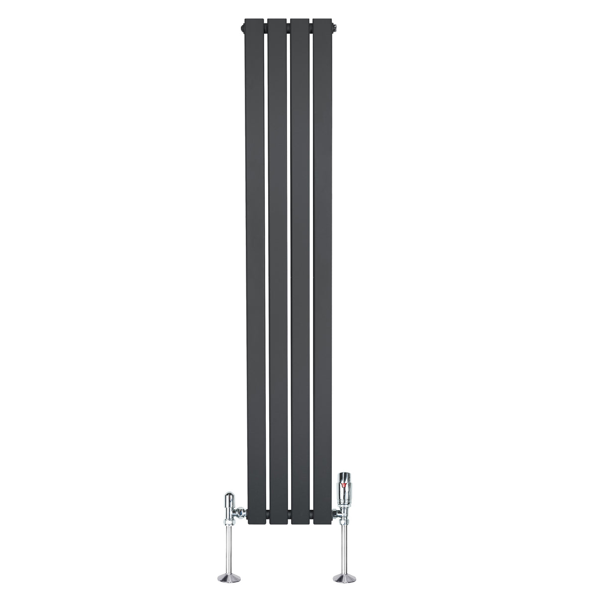 Strakke antraciet grijze designradiator met vlakke panelen, 1 kolom, inclusief haakse thermostaatkraan, 1600 x 280mm