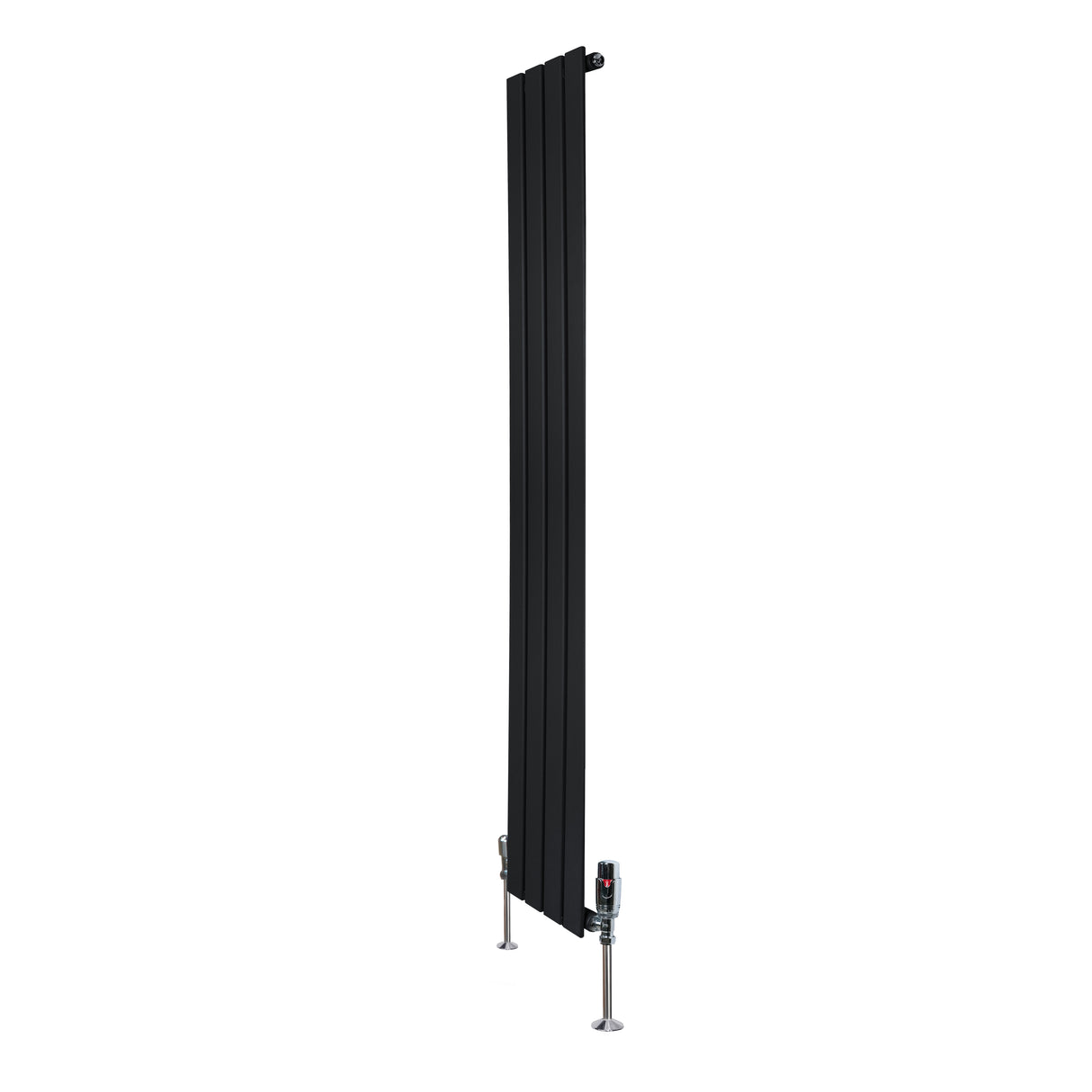 Zwarte design radiator met vlakke panelen, 1 kolom, afmetingen 1600 x 280mm, inclusief haakse thermostaatkraan