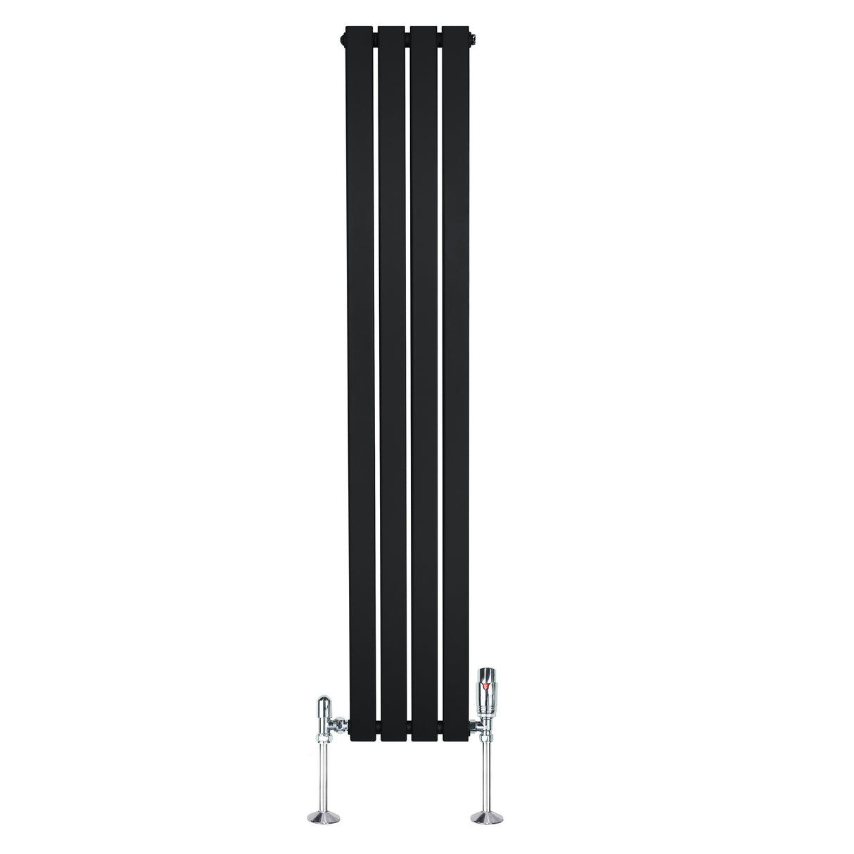 Zwarte designradiator met vlakke panelen, 1 kolom, 1600 x 280 mm, inclusief haakse thermostaatkraan en moderne uitstraling