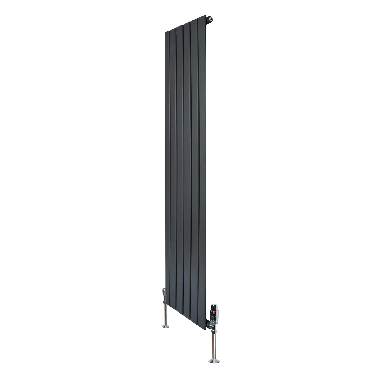 Design radiator met vlakke panelen in antraciet grijs, 1 kolom, 1600 x 420mm, inclusief haakse thermostaatkraan