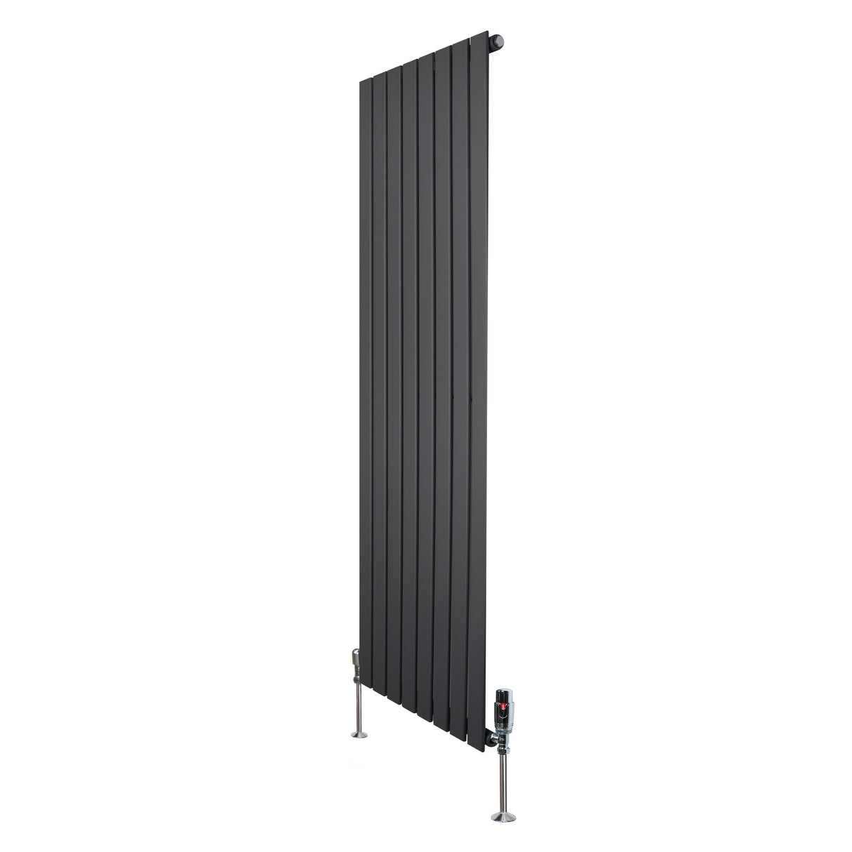 Design radiator met vlakke panelen in antraciet grijs, 1 kolom, 1600 x 560mm, inclusief haakse thermostaatkraan en moderne uitstraling