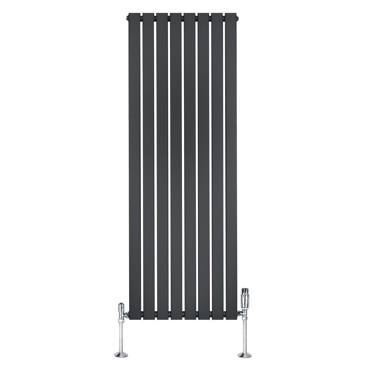 Vlakke panelen design radiator in antraciet grijs, 1 kolom, met haakse thermostaatkraan, modern en strak ontwerp