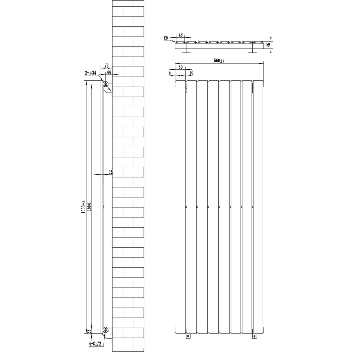 Design radiator met vlakke panelen in antraciet grijs, 1 kolom, afmetingen 1600 x 560mm, inclusief haakse thermostaatkraan