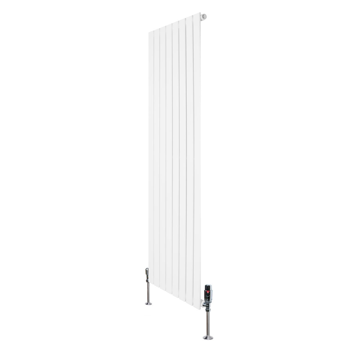 Witte design radiator met vlakke panelen, 1 kolom, 1600 x 560mm, inclusief haakse thermostaatkraan en metalen voetsteunen