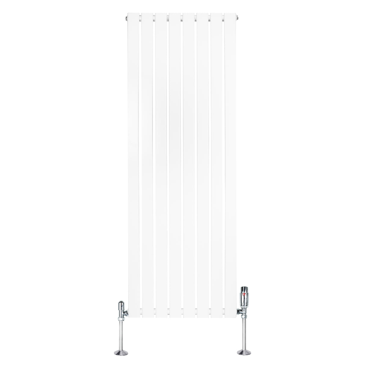 Witte design radiator met vlakke panelen, 1 kolom, 1600 x 560mm, inclusief haakse thermostaatkraan en glanzende voetstukken