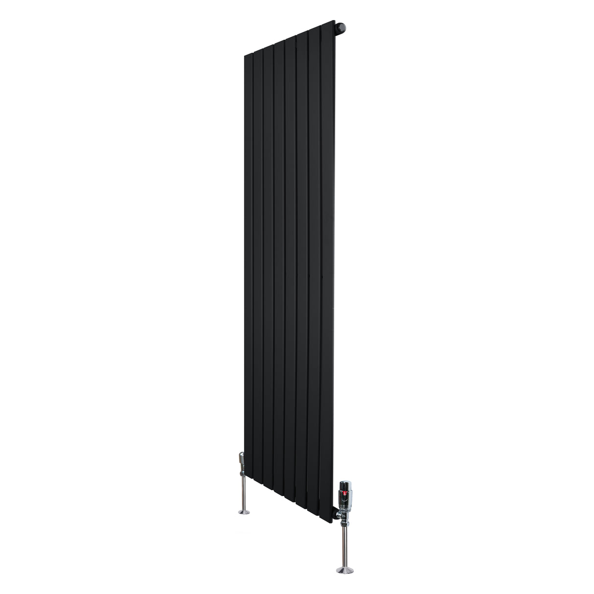 Zwarte designradiator met vlakke panelen, 1 kolom, afmetingen 1600 x 560mm, inclusief haakse thermostaatkraan en moderne uitstraling