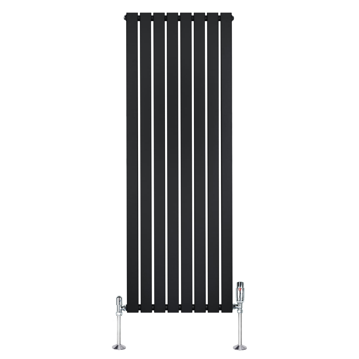 Zwarte designradiator met vlakke panelen en een kolom, afmetingen 1600 x 560 mm, inclusief haakse thermostaatkraan