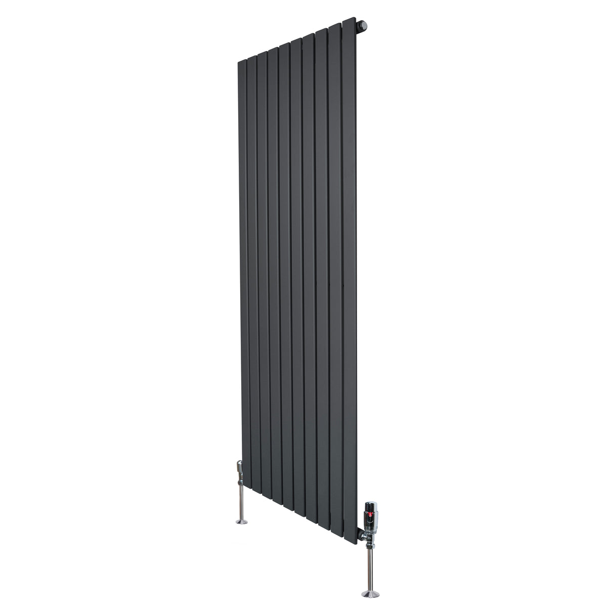 Designradiator met vlakke panelen in antraciet grijs, 1 kolom, 1600 x 700mm, inclusief haakse thermostaatkraan en moderne uitstraling