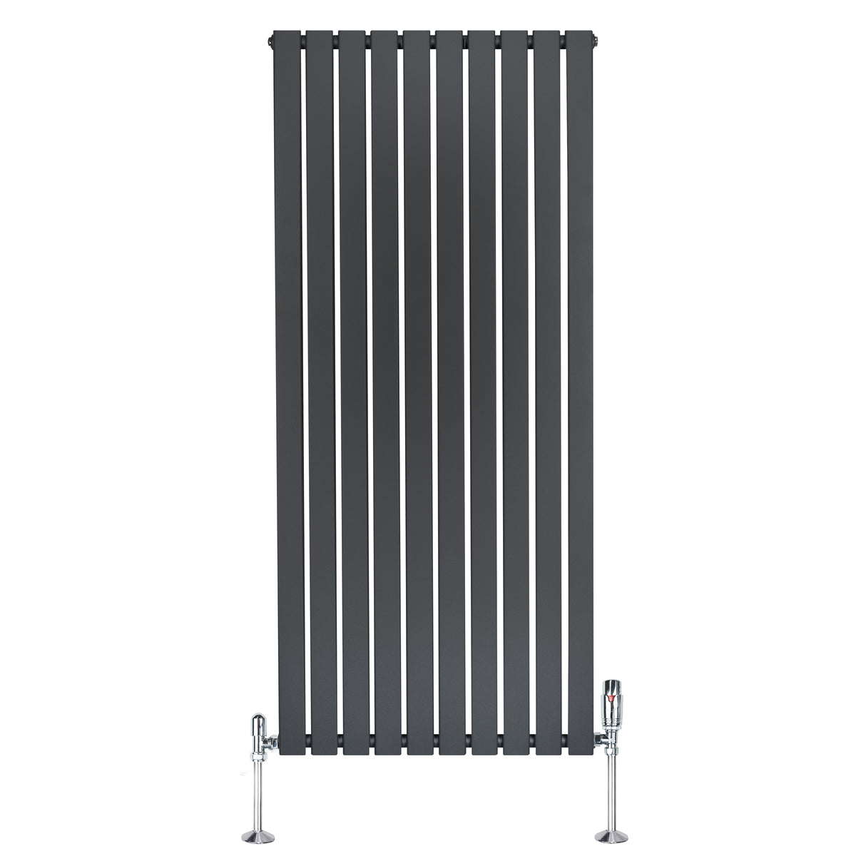 Vlakke panelen design radiator in antraciet grijs, 1600 x 700mm, met haakse thermostaatkraan en moderne verticale lijnen