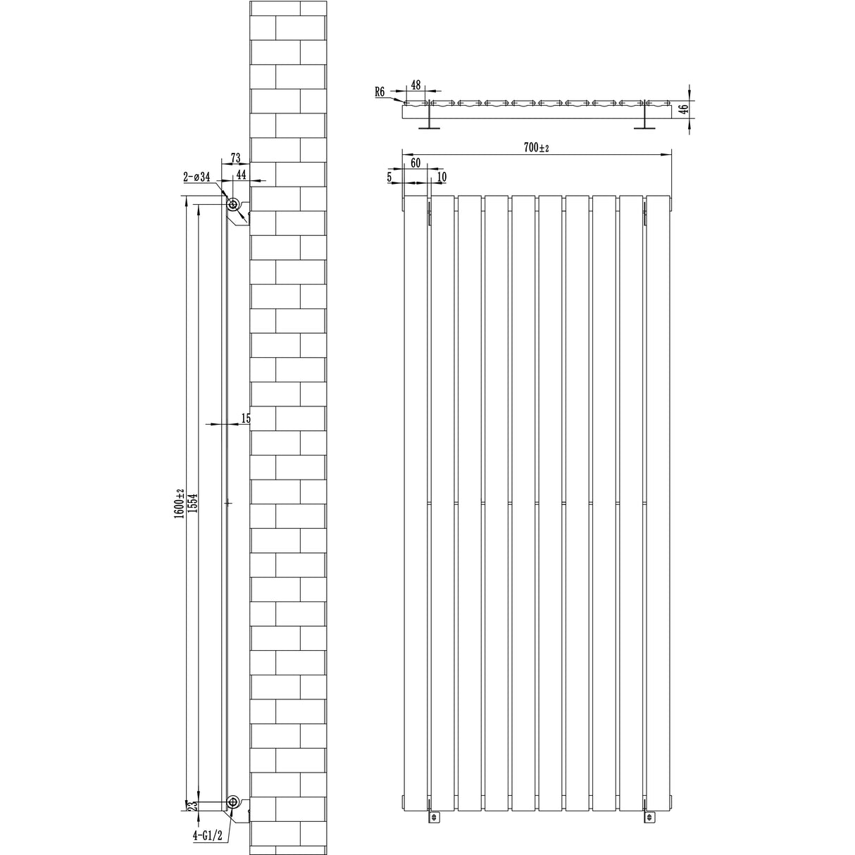 Design radiator met vlakke panelen in antraciet grijs, 1 kolom, afmetingen 1600 x 700mm, inclusief haakse thermostaatkraan