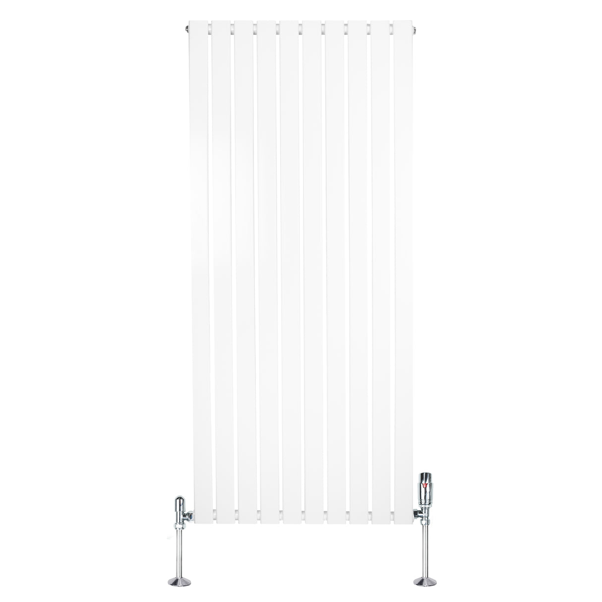 Witte design radiator met vlakke panelen, 1 kolom, 1600 x 700mm, inclusief haakse thermostaatkraan en glanzende voetstukken