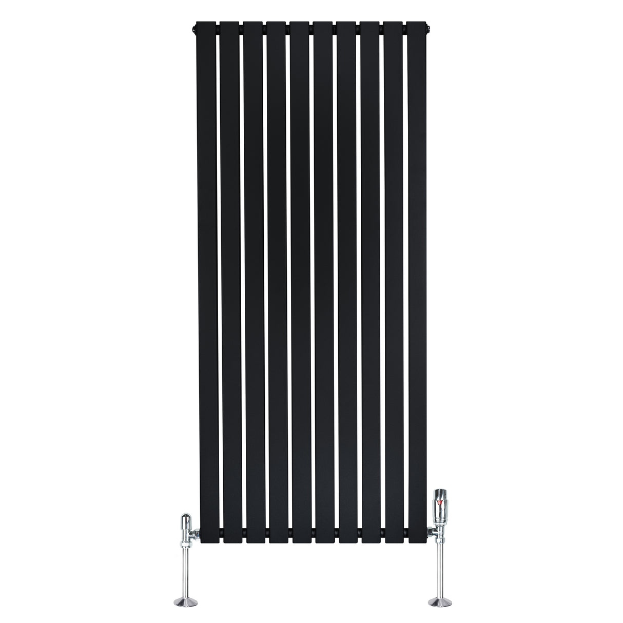 Zwarte designradiator met vlakke panelen, 1 kolom, 1600 x 700mm, inclusief haakse thermostaatkraan en glanzende voetsteunen