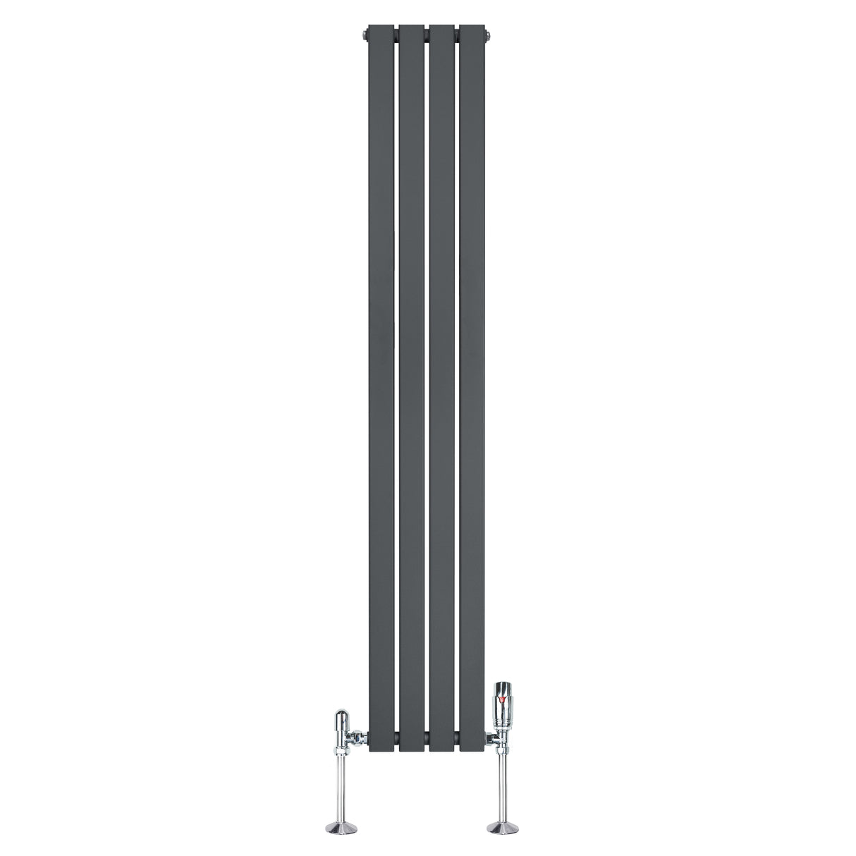Vlakke design radiator in antraciet grijs met 1 kolom en haakse thermostaatkraan, ideaal voor moderne interieurs