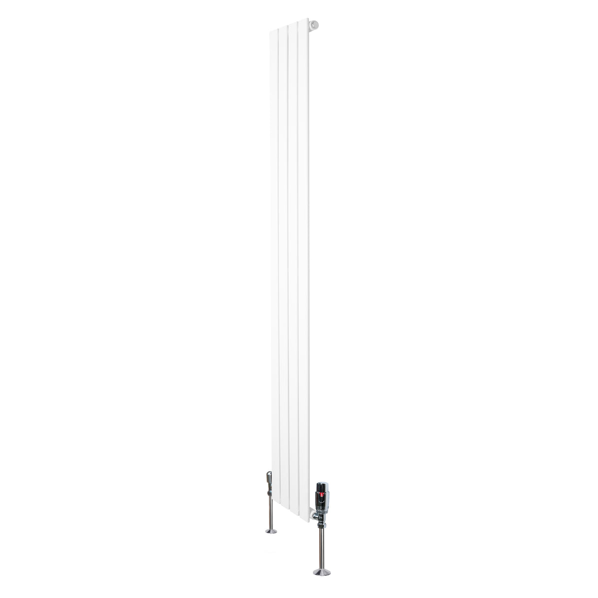 Witte design radiator met vlakke panelen, 1 kolom, 1800 x 280mm, inclusief haakse thermostaatkraan voor moderne interieurs