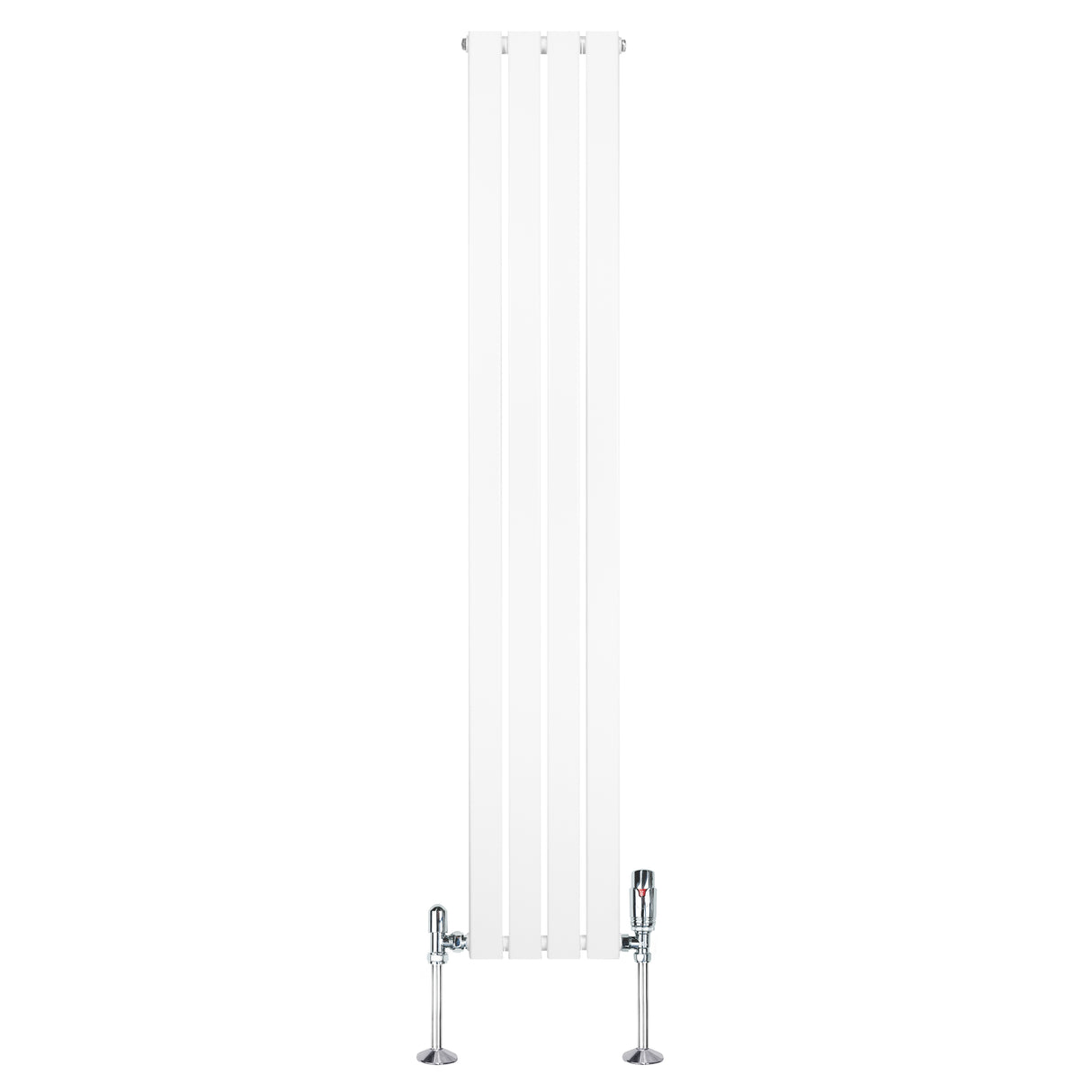 Strakke witte designradiator met vlakke panelen, 1 kolom, 1800 x 280mm, inclusief haakse thermostaatkraan aan de onderzijde