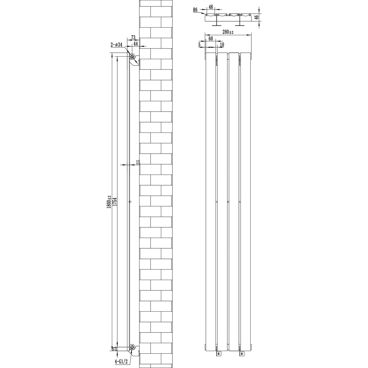 Witte design radiator met vlakke panelen, 1 kolom, afmetingen 1800 x 280mm, inclusief haakse thermostaatkraan en wandbevestiging