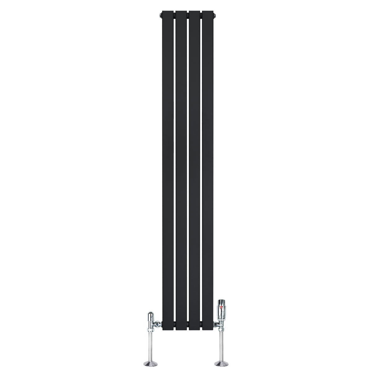Zwarte design radiator met vlakke panelen, 1 kolom, 1800 x 280mm, inclusief haakse thermostaatkraan aan de onderzijde
