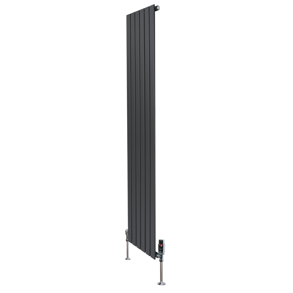 Vlakke designradiator in antraciet grijs, 1 kolom, 1800 x 420mm, met haakse thermostaatkraan en strakke verticale panelen
