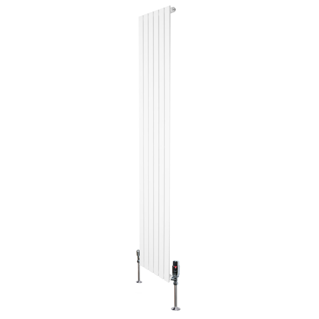 Strakke, witte designradiator met vlakke panelen, 1 kolom, 1800 x 420mm, inclusief haakse thermostaatkraan en metalen voetstukken