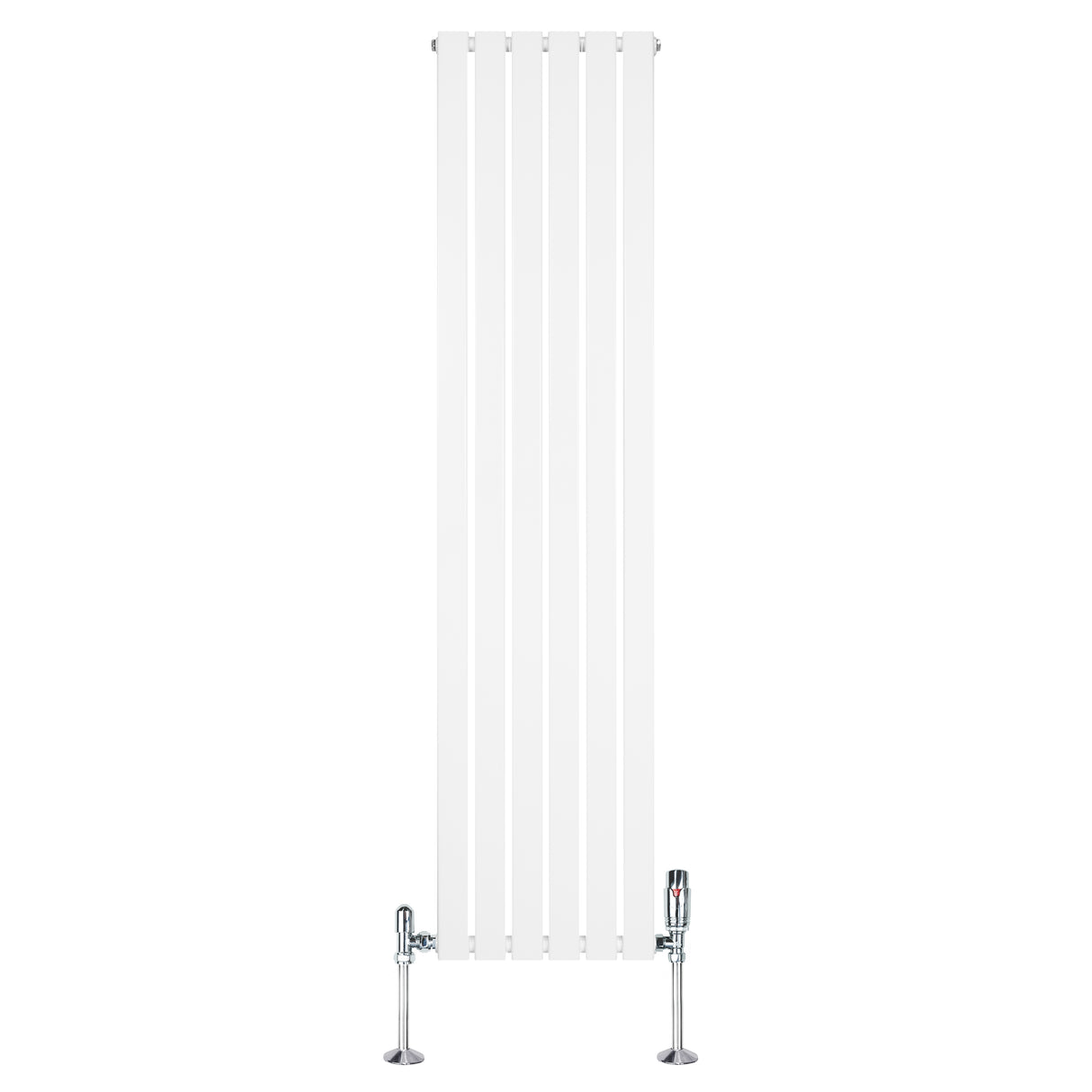 Witte design radiator met vlakke panelen, 1 kolom, 1800 x 420mm, inclusief haakse thermostaatkraan en glanzende metalen voetstukken